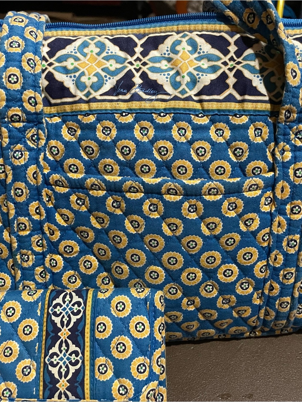 Vera Bradley Yellow and Navy Geometric Quilted Tote